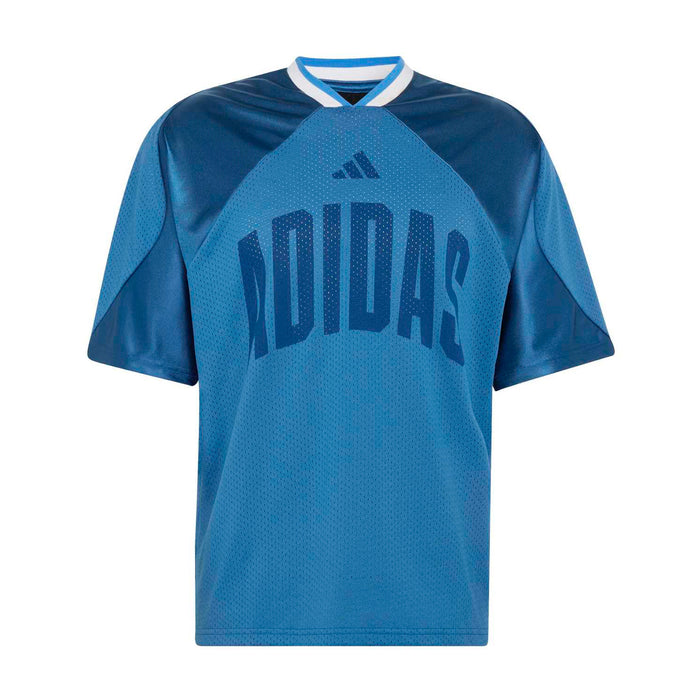 Mens blue mesh graphic tee with large text print, V-neck, and contrast collar trim