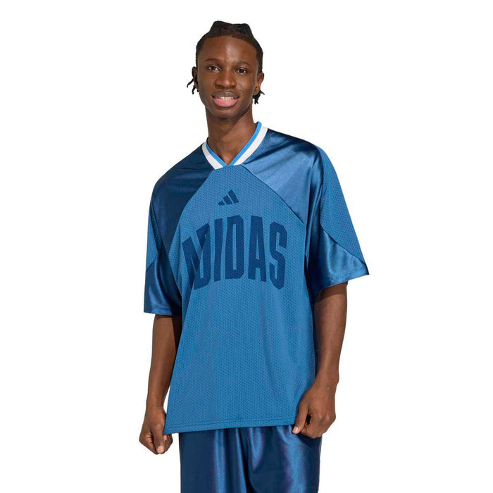 Mens blue stadium mesh tee with large front graphic, contrast V-neck collar, raglan fit