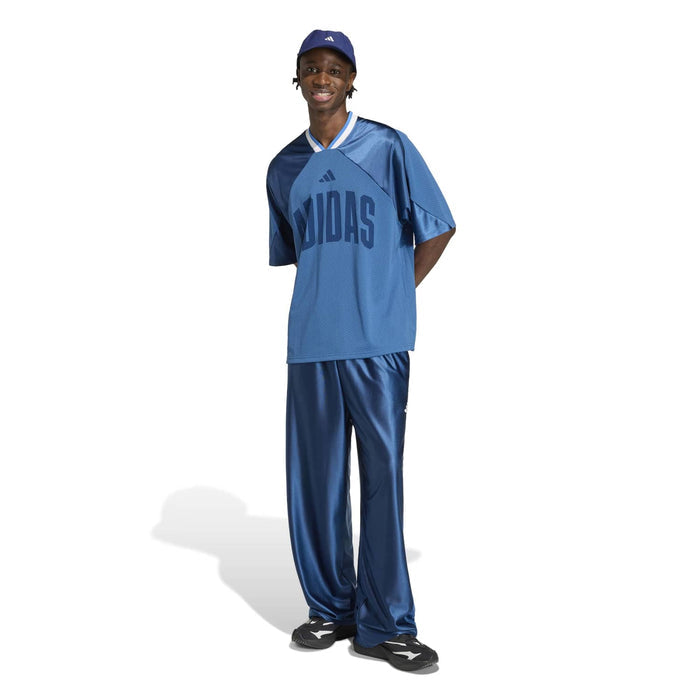 Mens blue mesh graphic tee with V-neck collar and large front text print