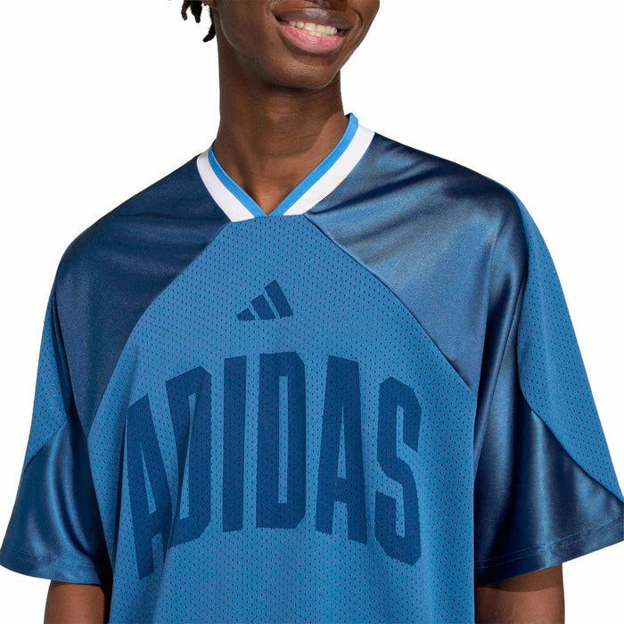 Blue mesh tee close-up with small adidas logo and large front text graphic