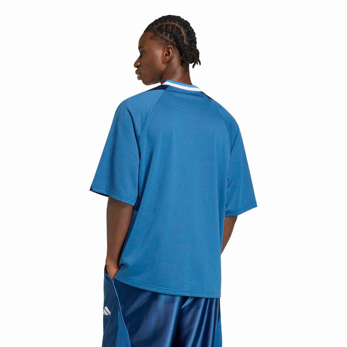 Mens stadium graphic mesh tee, blue with V-neck collar and contrast raglan sleeves