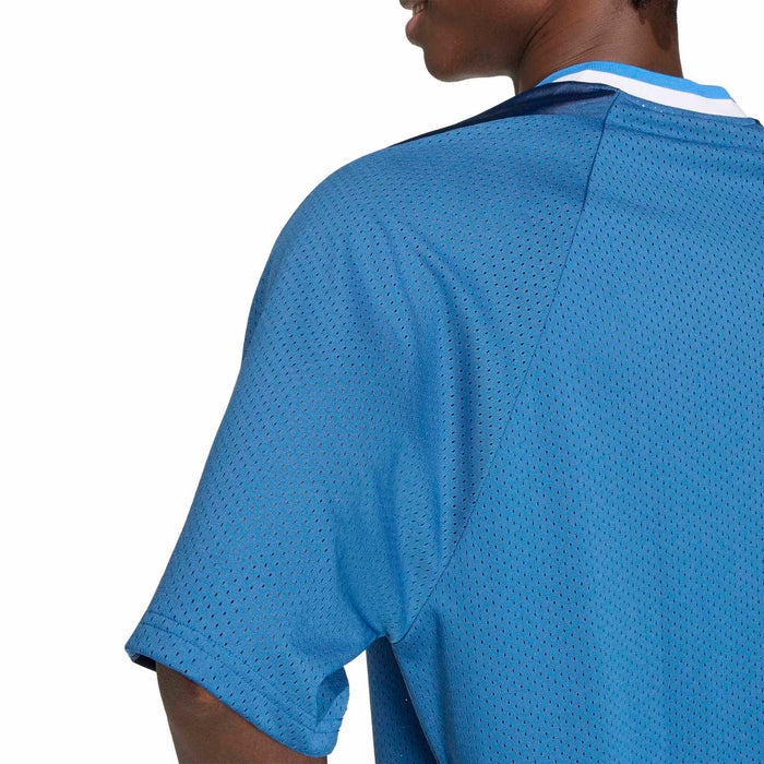 Blue mesh tee back with dotted texture, short raglan sleeves, and curved hem