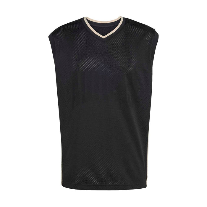 Men's black mesh V-neck tank with contrast collar trim