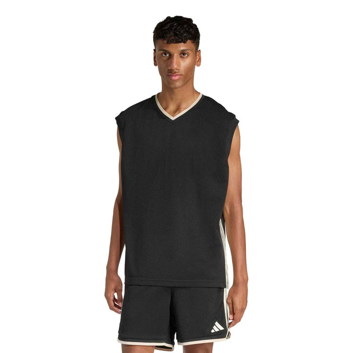 Men's black sleeveless mesh tank, V-neck with contrast trim