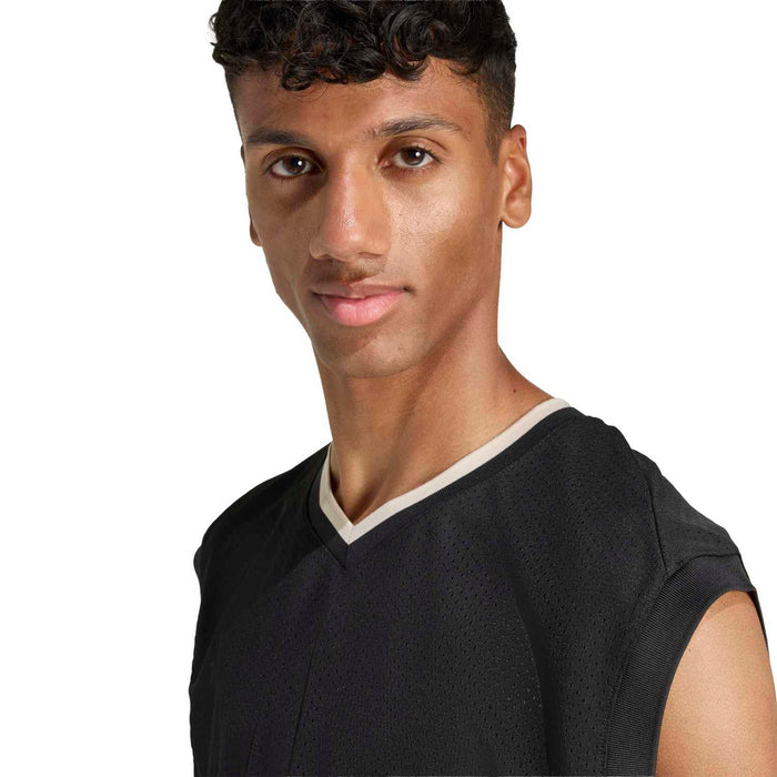Men's black mesh tank top with V-neck and contrast trim edge