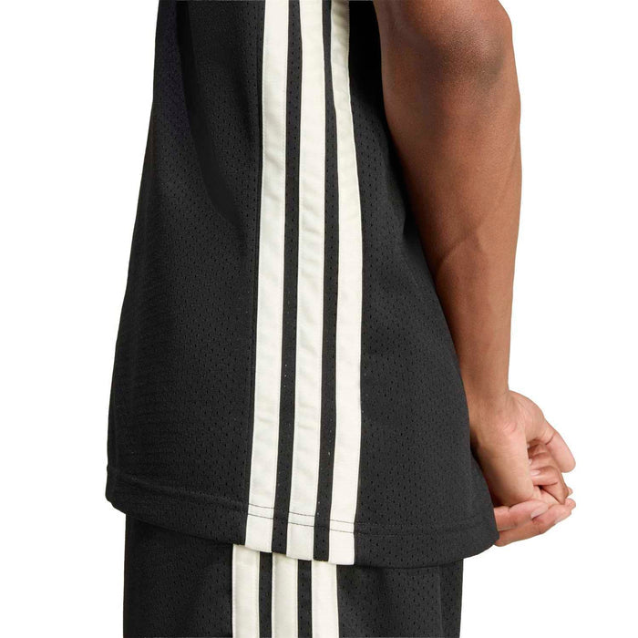 Men's black mesh tank with vertical contrast stripe at side