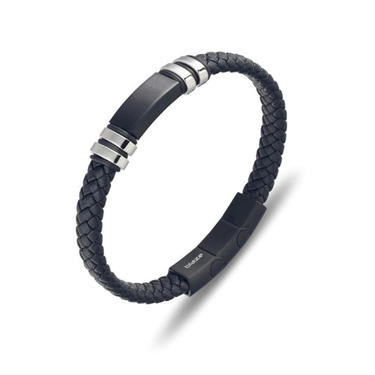 Stainless steel men's black leather bangle with steel details