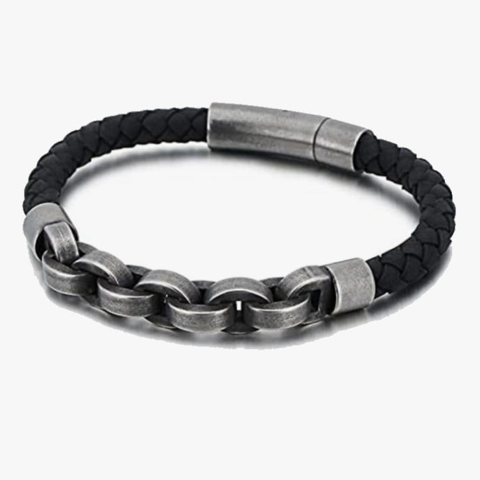 Stainless Steel Titanium Braided Genuine Leather Bracelet