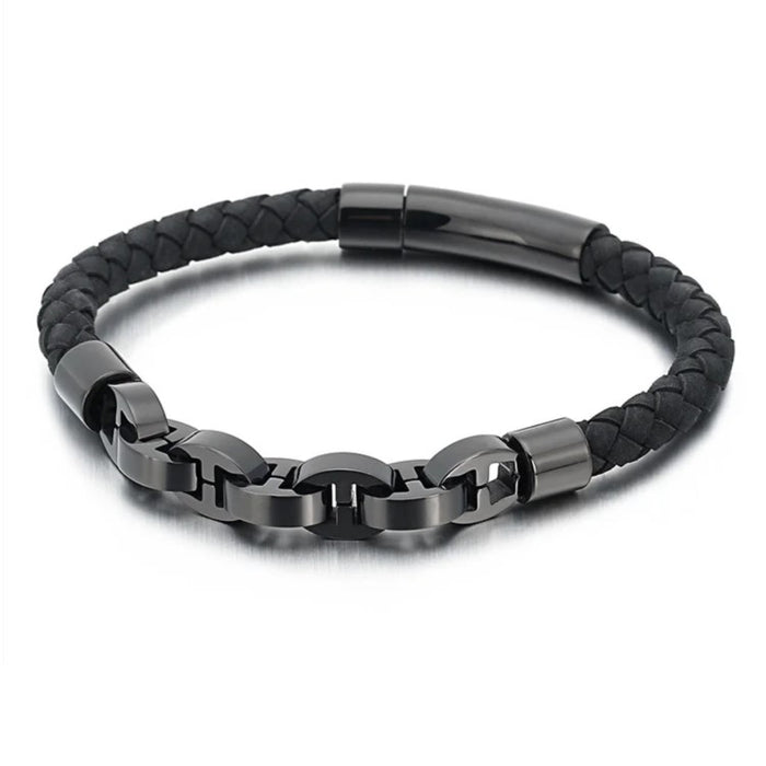 Stainless Steel Titanium Braided Genuine Leather Bracelet