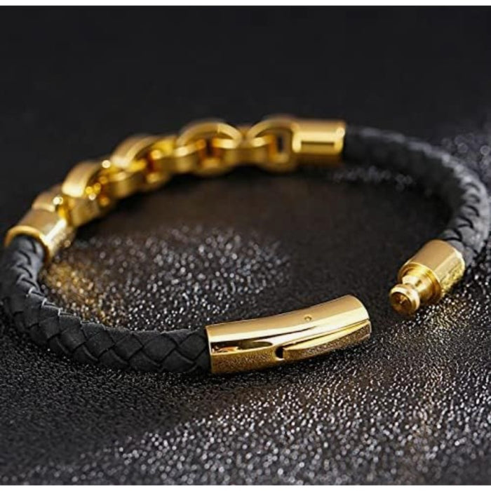 Stainless Steel Titanium Braided Genuine Leather Bracelet
