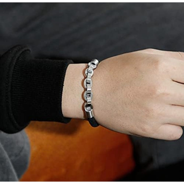 Stainless Steel Titanium Braided Genuine Leather Bracelet
