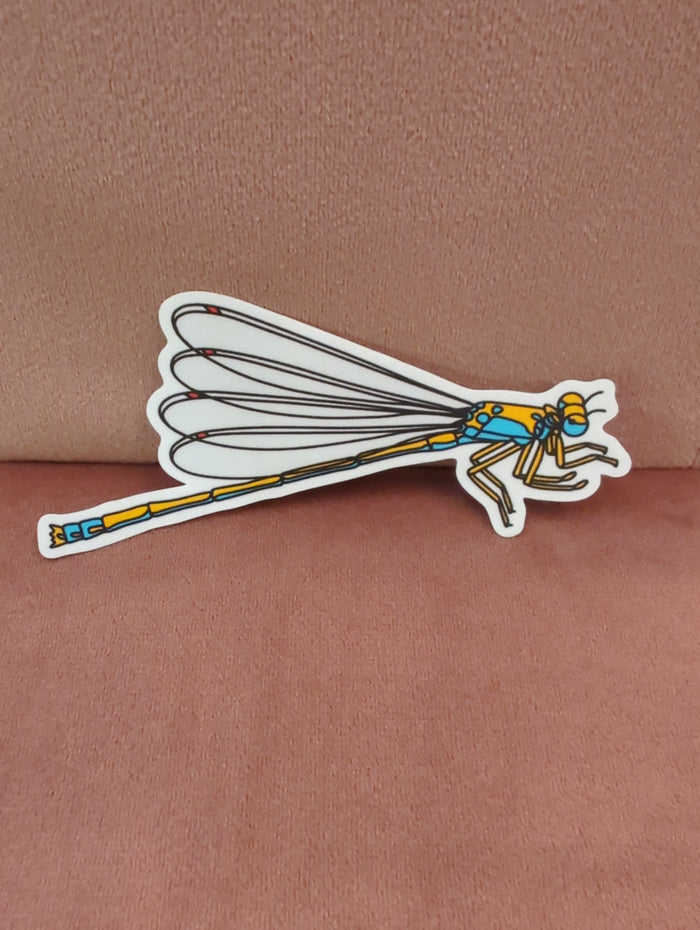 Colorful Pacific Fortail Damselfly sticker from Field Guide Designs, showcasing vibrant insect details on a clear background.