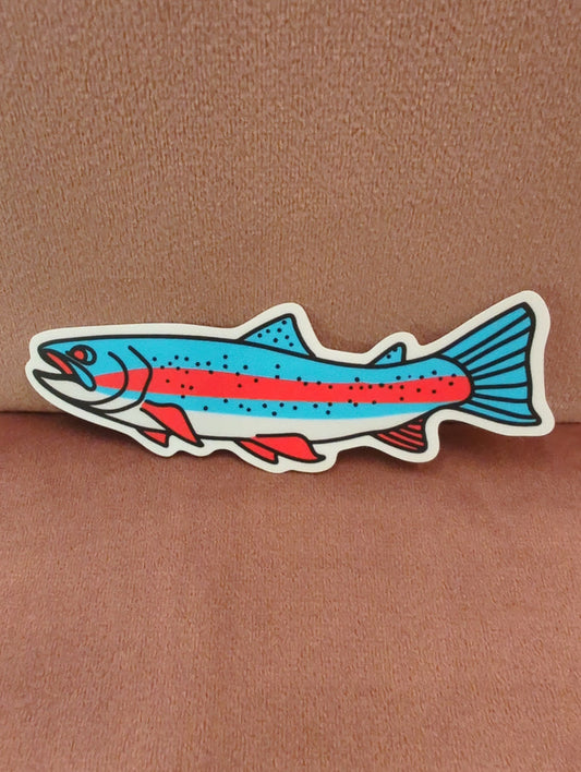 Colorful rainbow trout sticker from Field Guide Designs, featuring vibrant aquatic fish with detailed fins and scales.