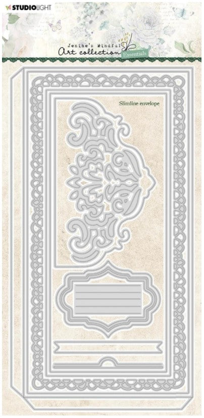 Studio Light - Jenine's Mindful Art Collection - Die Slimline - Envelope Essentials - NR.97. Create your own slimline envelope with this die. It is perfect for adding notes to your cards, scrapbook layouts or journal pages. This die will give you the perfect shape, and scored edges for folding so you get the perfect envelope shape every time.  Size: 4.7 x 8.9 inches. Available at Embellish Away located in Bowmanville Ontario Canada.