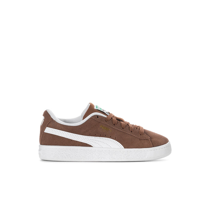 Kids brown suede lace-up sneaker with white side stripe and rubber sole