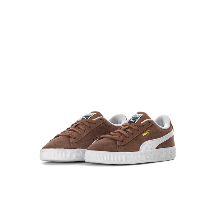 Kids brown suede lace-up sneakers, pair view, white stripe and rubber sole