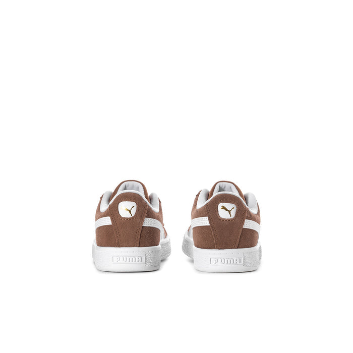 Kids brown suede sneakers, rear view with PUMA logo on heel tab