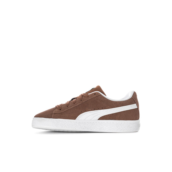 Kids brown suede lace-up sneaker with white side stripe and low-profile sole