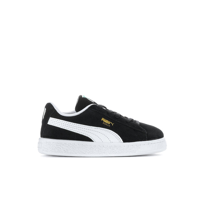 Toddler black suede sneakers with white PUMA stripe, lace-up and white midsole