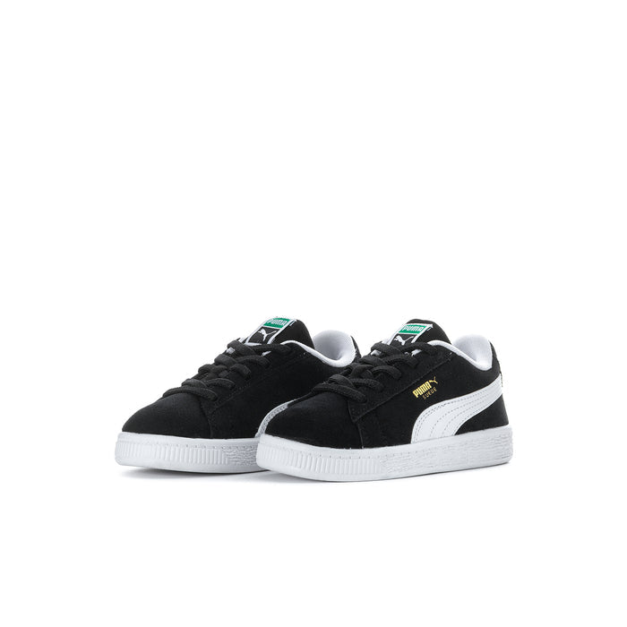 Toddler black suede sneakers, side view with two shoes and white PUMA stripe