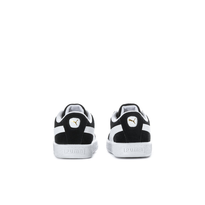 Toddler black suede sneakers, heel view with PUMA cat emblem and white rubber sole