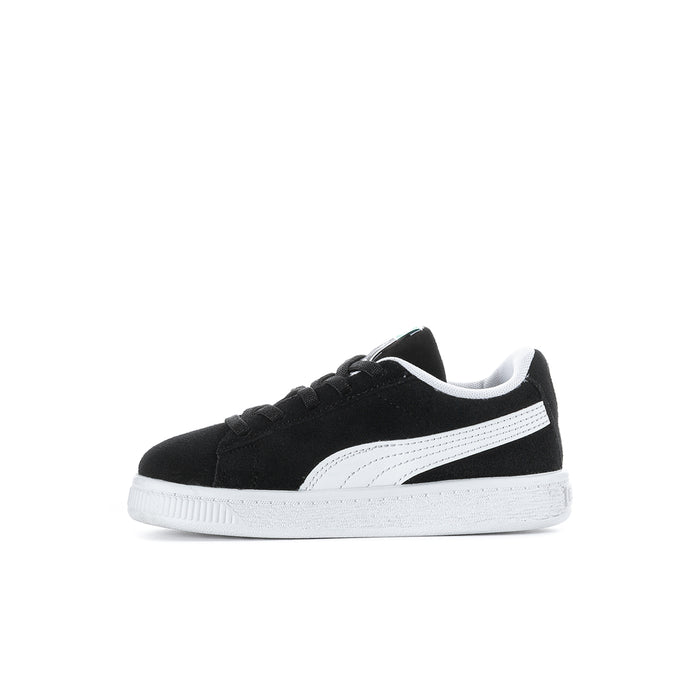 Toddler black suede sneakers, side profile with white PUMA stripe and lace-up