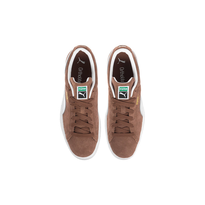 Youth suede sneakers, tongue and insole view, brown suede with PUMA logo