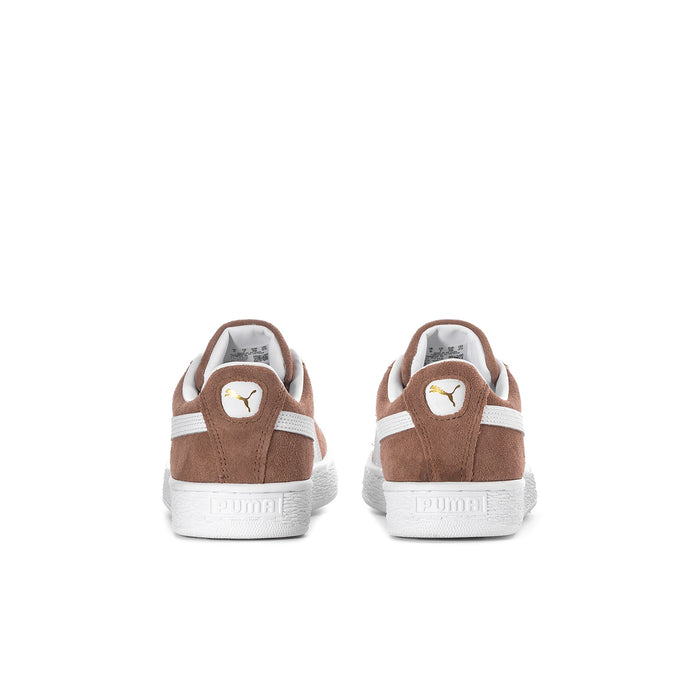 Youth suede sneakers, heel view, brown suede with white back tab and PUMA