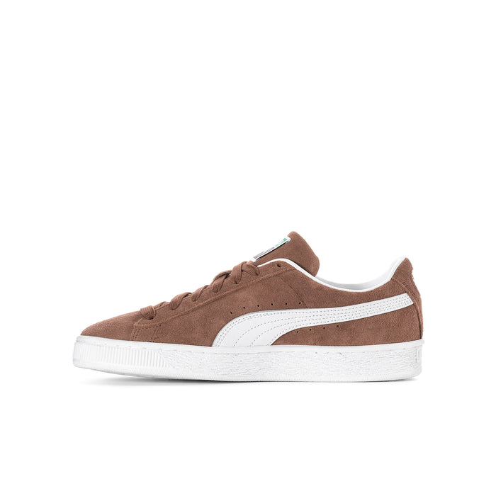 Youth suede sneakers, front 3/4 view, brown suede with white stripe and sole