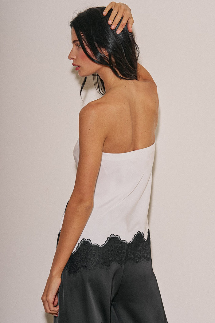 The Amara Strapless Lace Trim Satin Top