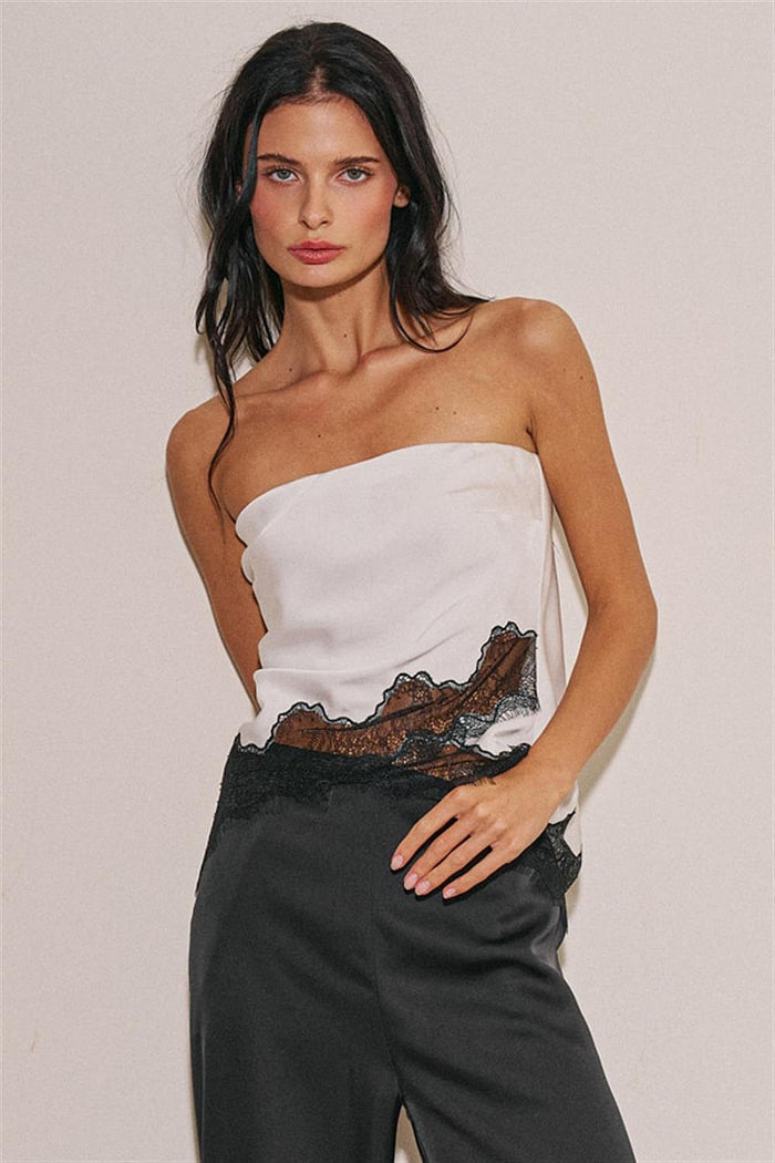 The Amara Strapless Lace Trim Satin Top