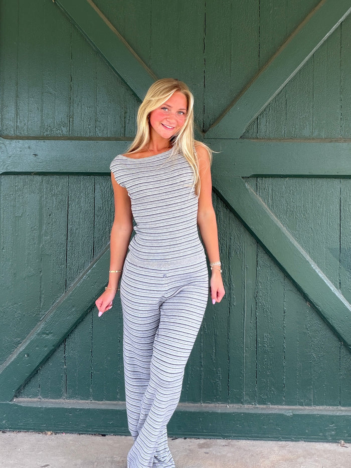 The Cove Stripe Off-Shoulder Top -Heather Grey Blue