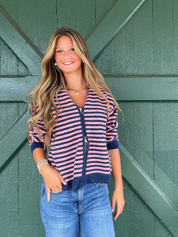 The It Girl Stripe Zip Sweater Hoodie -Denim/Pink