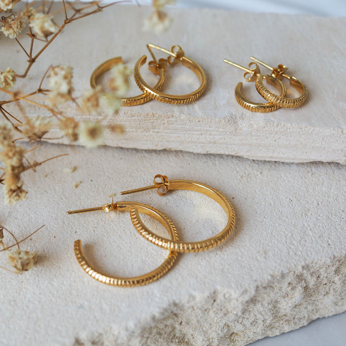 The MET Stripe Thin Earrings - Gold on beige stone  with dried flowers