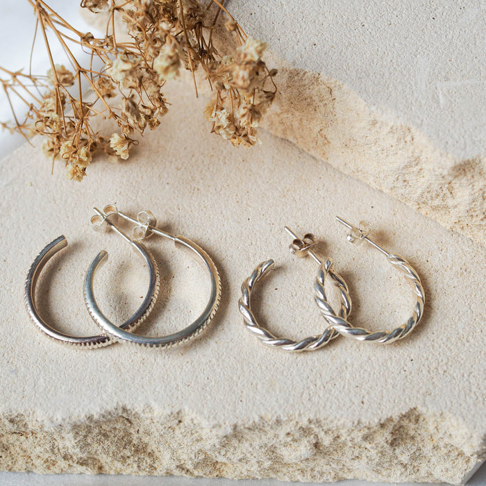 Luna & Rose Recycled Sterling Silver Stripe Earrings on stone with dried flowers