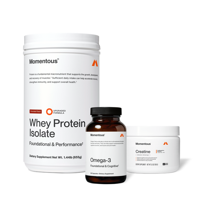 Three Momentous supplement containers: white Whey Protein Isolate powder, dark brown Omega-3 capsule bottle, and white Creatine jar.