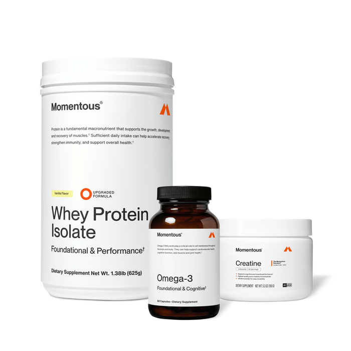 Three Momentous supplement containers: large vanilla whey protein isolate powder, dark amber omega-3 capsule bottle, and white creatine jar.