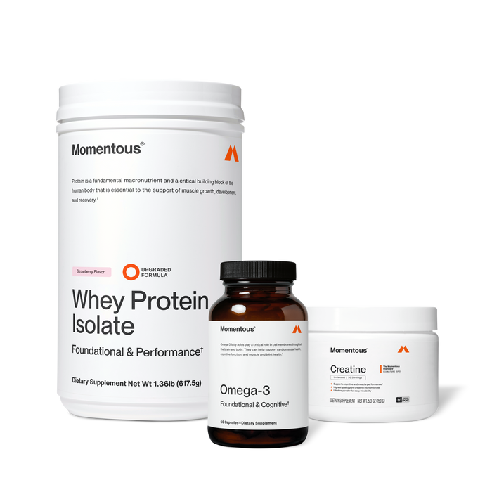 Three Momentous supplement containers: white Whey Protein Isolate powder, dark brown Omega-3 capsule bottle, and white Creatine jar.