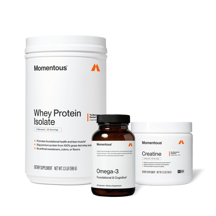Momentous Whey Protein Isolate, The Momentous Standard, Signature Spec, Unflavored, 25 Servings. Promotes foundational health and lean muscle. 20g premium protein from 100% grass-fed whey isolate. No artificial sweeteners, colors, or flavors. Dietary Supplement, Net Wt. 1.3 LB (590 G). Momentous Omega-3, Foundational & Cognitive, 60 Capsules, Dietary Supplement. Momentous Creatine, The Momentous Standard, Signature Spec, Unflavored, 30 Servings. Dietary Supplement Net Wt. 5.3 OZ (150 G)