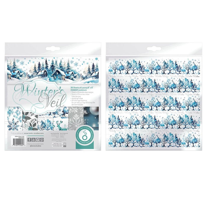 Tonic Studios - Art Pad 8"X8" - Winter's Veil. This winter wonderland blue, silvery grey and white creates a serene holiday background. Includes 36 luxury sheets (3 of each double sided); acid and linen free. Available at Embellish Away located in Bowmanville Ontario Canada.
