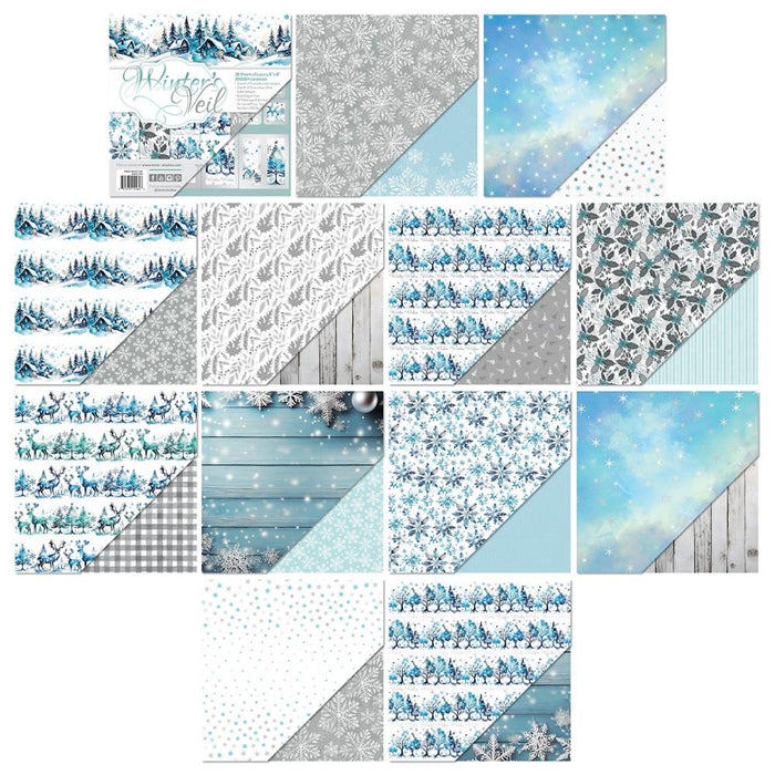 Tonic Studios - Art Pad 8"X8" - Winter's Veil. This winter wonderland blue, silvery grey and white creates a serene holiday background. Includes 36 luxury sheets (3 of each double sided); acid and linen free. Available at Embellish Away located in Bowmanville Ontario Canada.