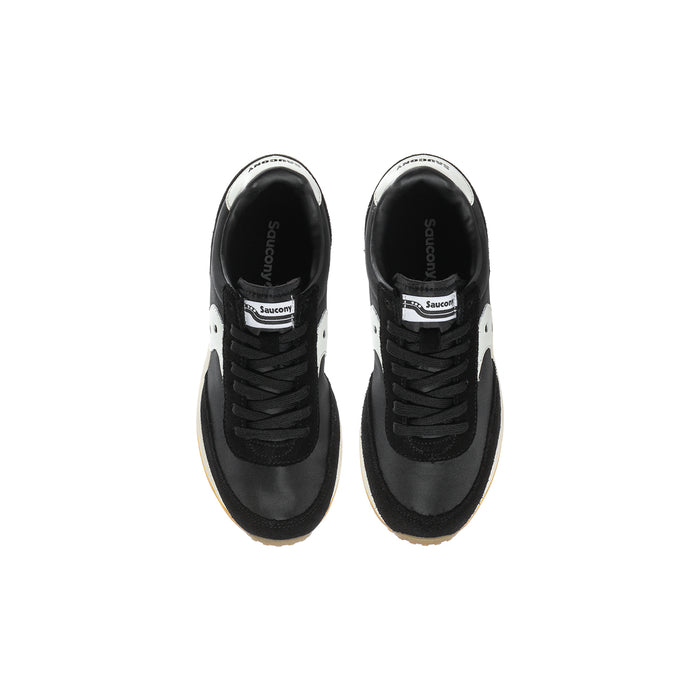 Youth black lace-up sneaker with white trim and Saucony logo on tongue