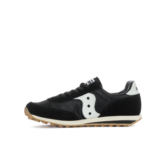 Youth black lace-up sneaker with white side panel and gum outsole