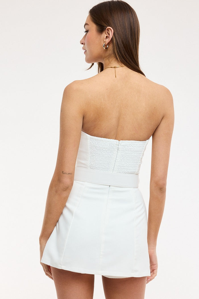 Tribeca Strapless Belted Dress Romper – White