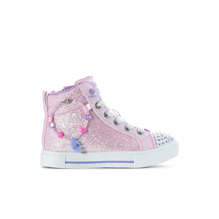 Kids pink glitter high-top sneakers with lace-up closure and charm details