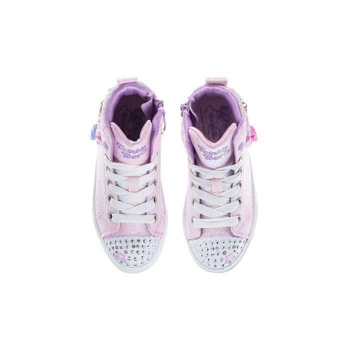 Kids pink glitter high-top sneakers, white laces and studded toe caps