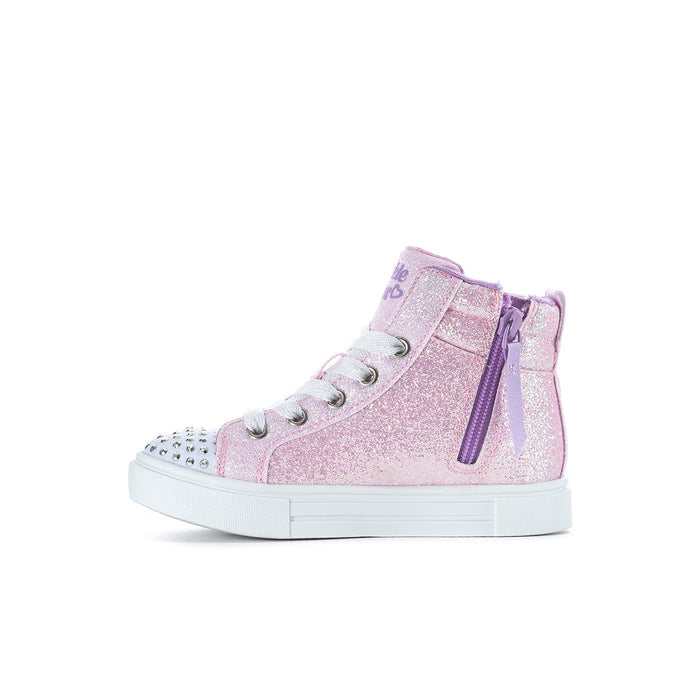 Kids pink glitter high-top sneaker with side zipper and lace-up