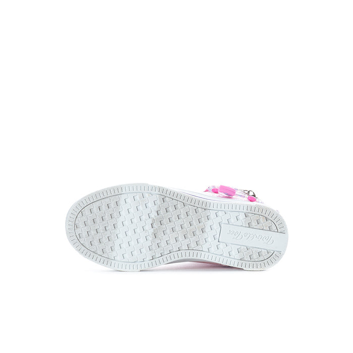 Kids pink glitter sneaker outsole with textured tread and pink accents