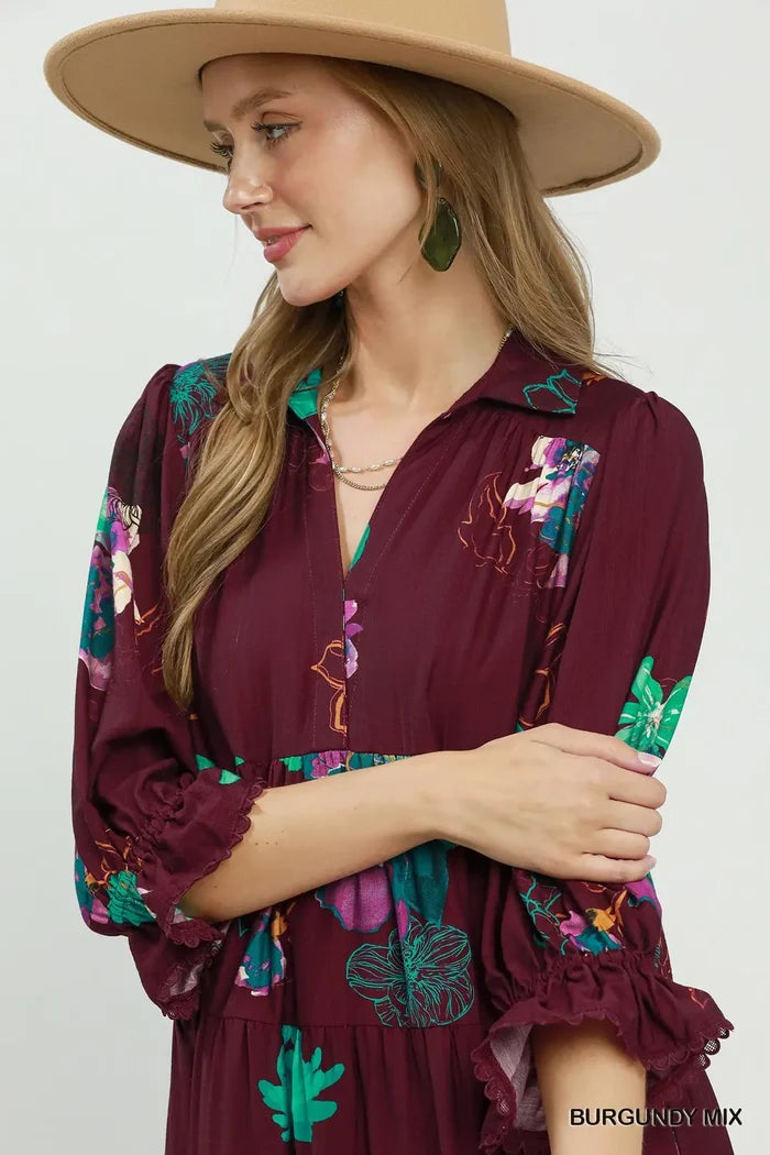 Umgee Floral Tiered Midi Dress