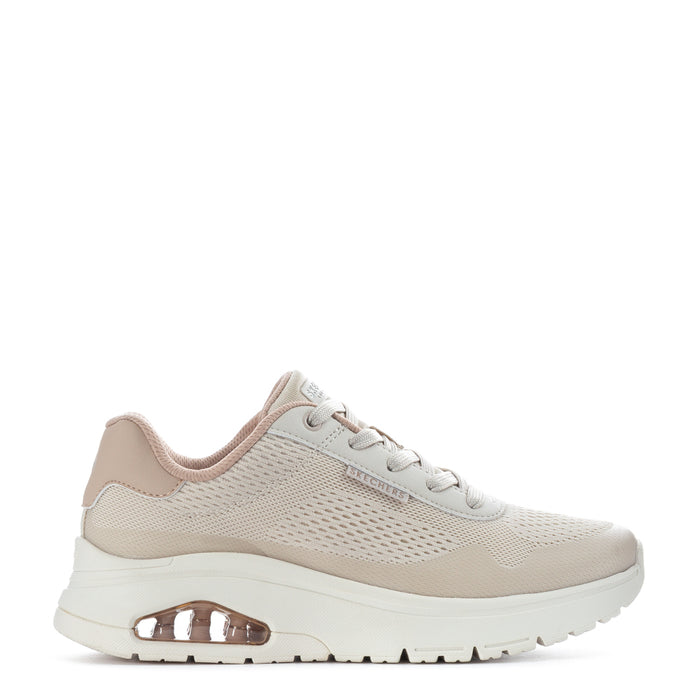 Women's taupe knit lace-up sneakers with cushioned white sole and air-cushion detail